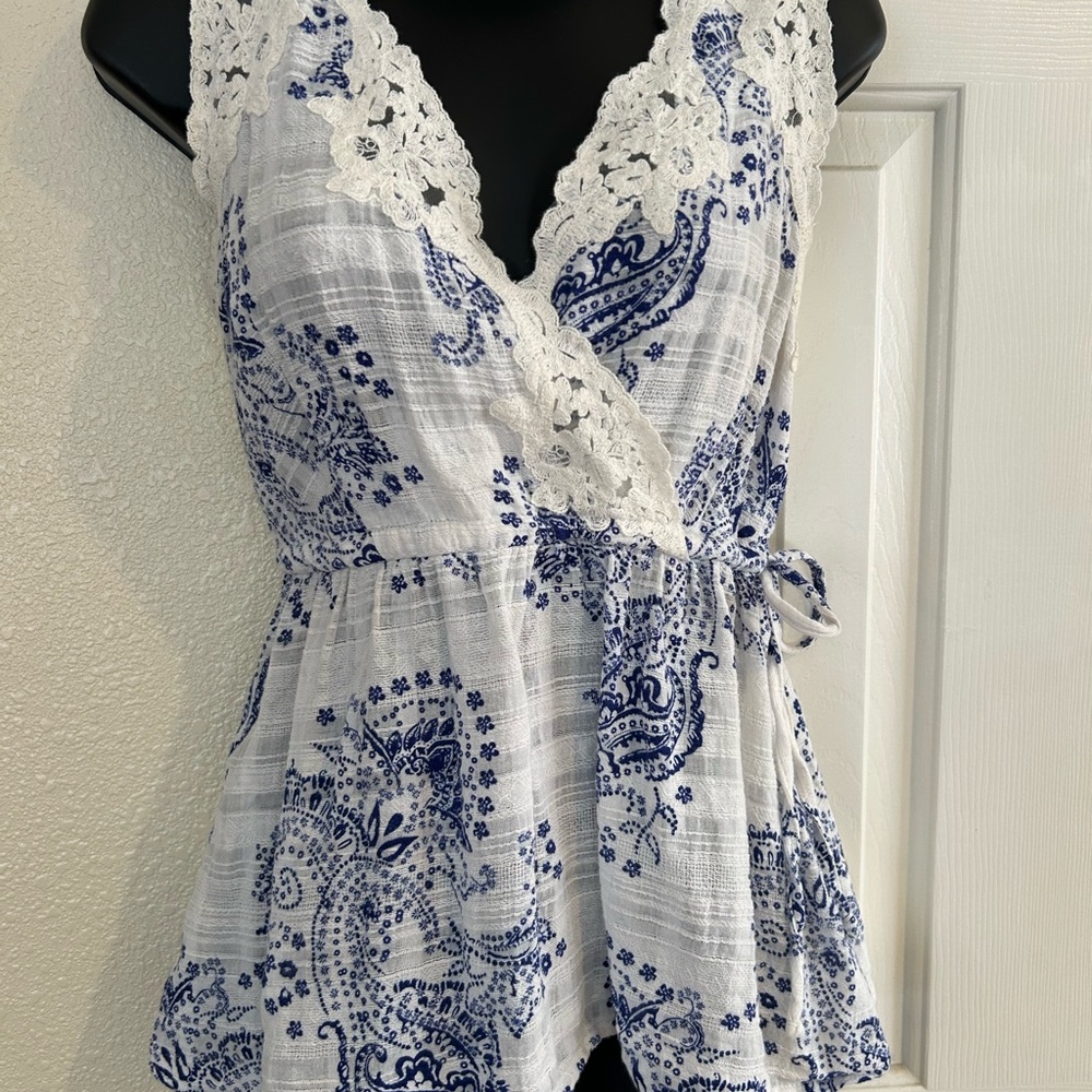 CAbi Blue and White Wrap Blouse with Peplum